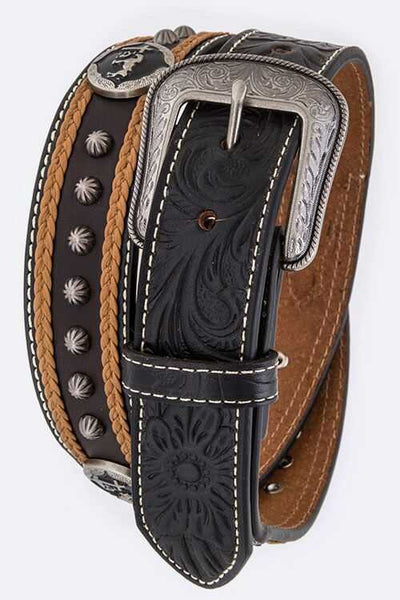 Studded Embossed Western Mens Leather Belt