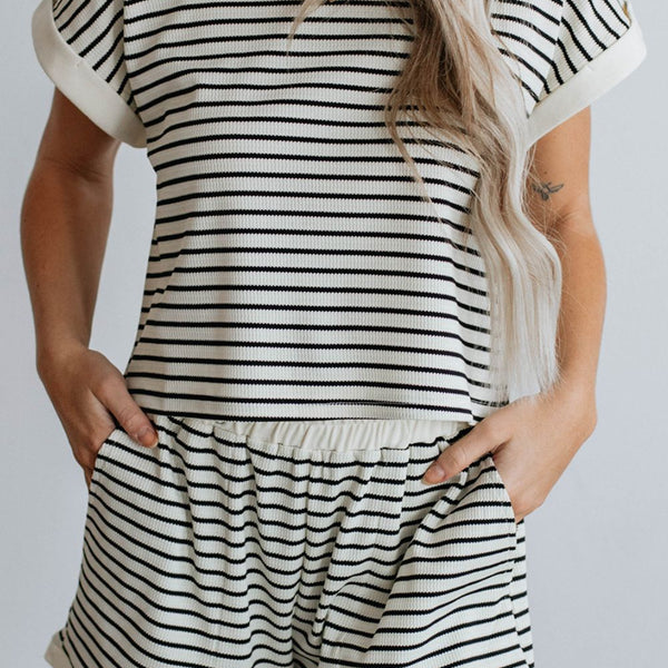 Striped Round Neck Top and Shorts Set