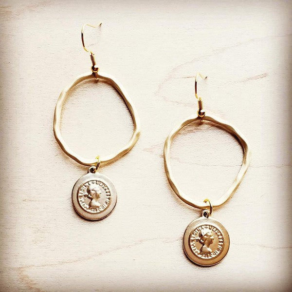 Matte Gold Hoop Earrings with Coin Dangle - Crazy Like a Daisy Boutique #