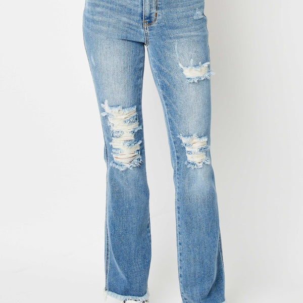 Judy Blue Full Size Distressed Raw Hem Bootcut Jeans
