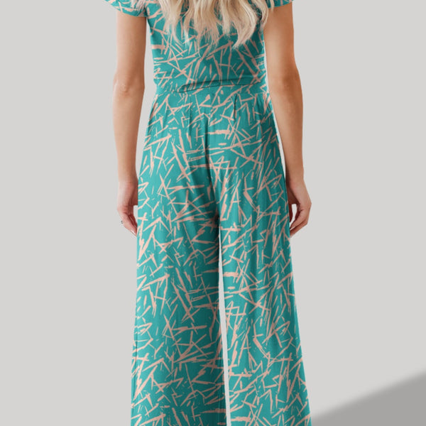 Printed Round Neck Short Sleeve Top and Pants Set