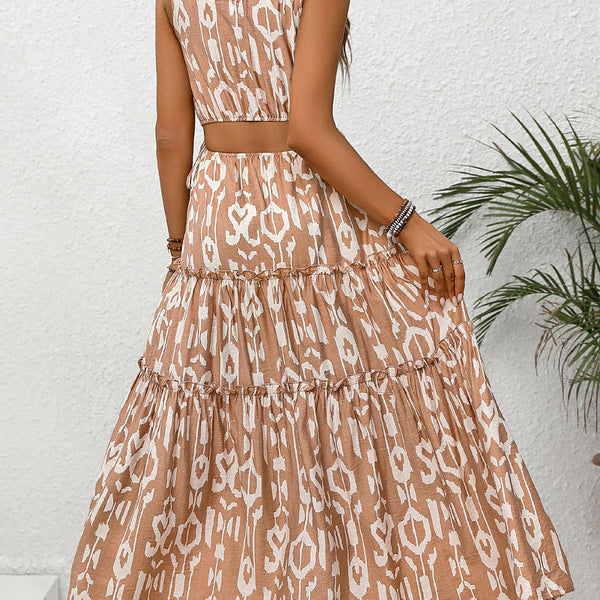 Frill Cutout Printed Round Neck Sleeveless Dress