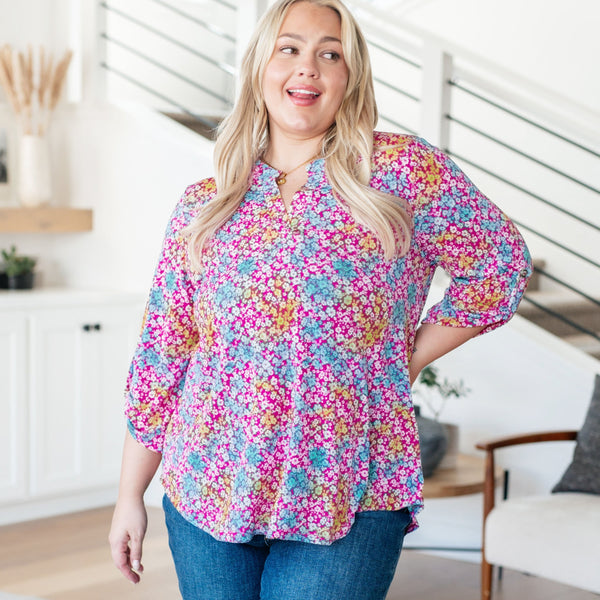 Lizzy Top in Pink and Aqua Ditsy Floral