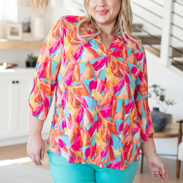 Lizzy Top in Teal and Hot Pink Abstract Fans