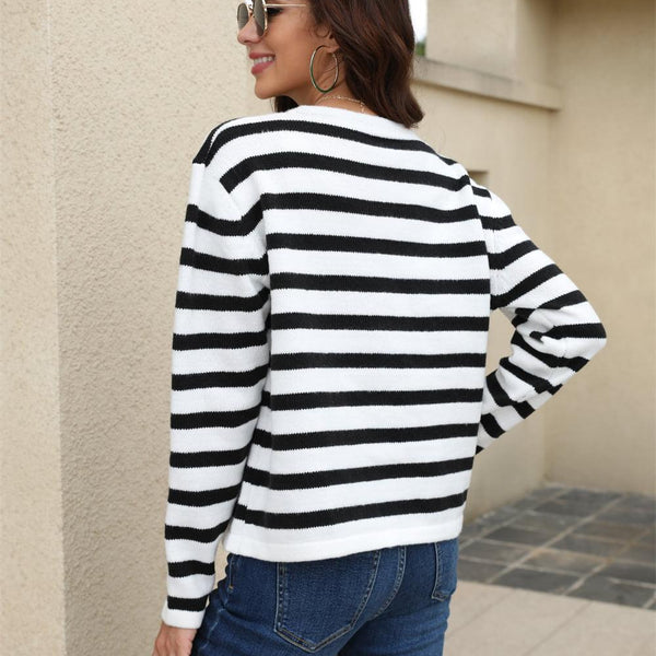 Striped Round Neck Button-Down Dropped Shoulder Cardigan - Crazy Like a Daisy Boutique #