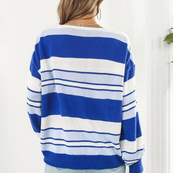 Striped V-Neck Dropped Shoulder Sweater - Crazy Like a Daisy Boutique #