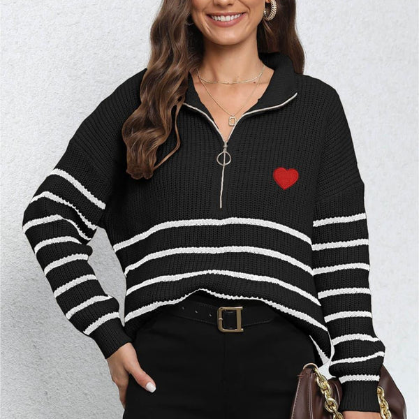 Striped Zip-Up Long Sleeve Ribbed Sweater - Crazy Like a Daisy Boutique #