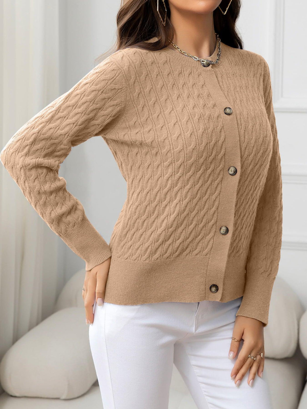 Round Neck Cable-Knit Buttoned Knit Top - Crazy Like a Daisy Boutique #