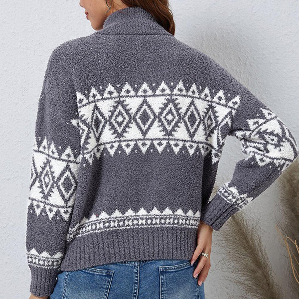 Zip-Up Geometrical Pattern Pullover Sweater - Crazy Like a Daisy Boutique #