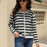Striped Round Neck Button-Down Dropped Shoulder Cardigan - Crazy Like a Daisy Boutique