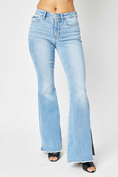 Judy Blue Full Size Mid Rise Raw Hem Slit Flare Jeans - Crazy Like a Daisy Boutique #