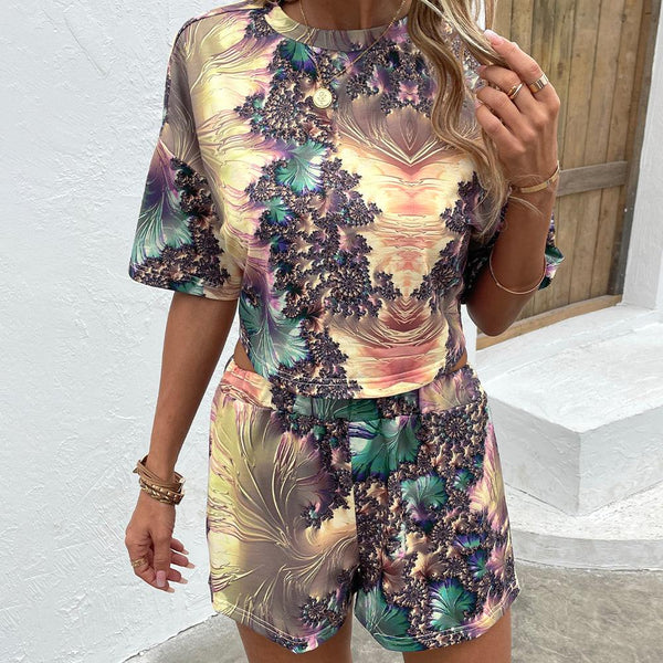 Printed Round Neck Dropped Shoulder Half Sleeve Top and Shorts Set - Crazy Like a Daisy Boutique #
