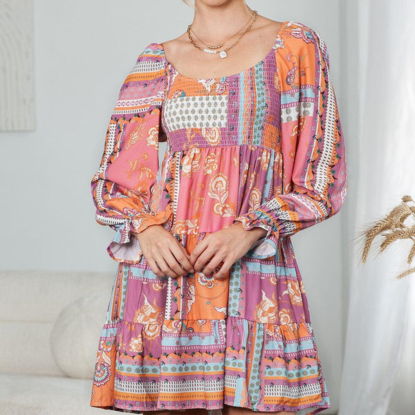Printed Scoop Neck Flounce Sleeve Dress - Crazy Like a Daisy Boutique #