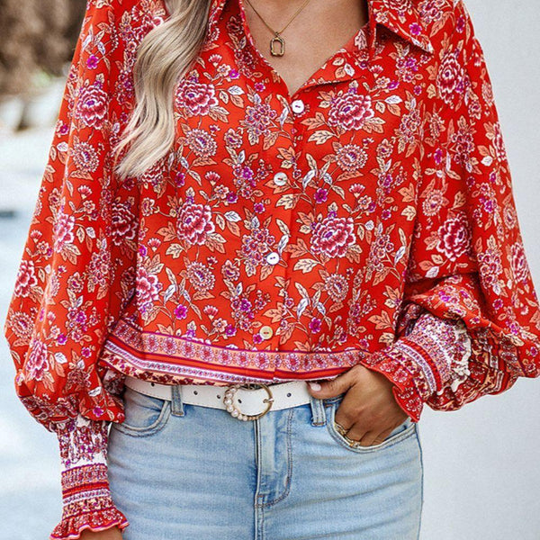 Printed Collared Neck Smocked Lantern Sleeve Shirt - Crazy Like a Daisy Boutique #