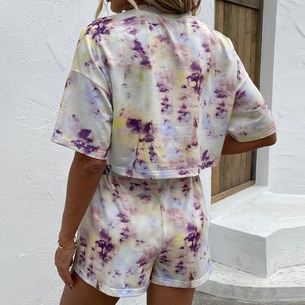 Round Neck Dropped Shoulder Half Sleeve Tie Dye Top and Shorts Set - Crazy Like a Daisy Boutique #