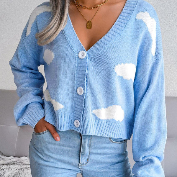 Cloud Print Button Down Ribbed Trim Cardigan - Crazy Like a Daisy Boutique #