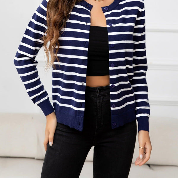 Striped Round Neck Long Sleeve Buttoned Knit Top - Crazy Like a Daisy Boutique #