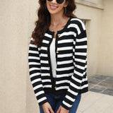 Striped Round Neck Button-Down Dropped Shoulder Cardigan - Crazy Like a Daisy Boutique #