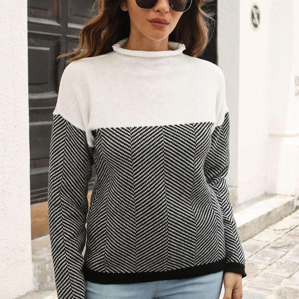 Two-Tone Mock Neck Dropped Shoulder Pullover Sweater - Crazy Like a Daisy Boutique #