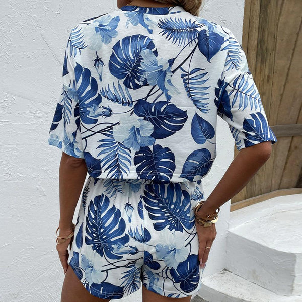 Floral Print Round Neck Dropped Shoulder Top and Shorts Set - Crazy Like a Daisy Boutique #