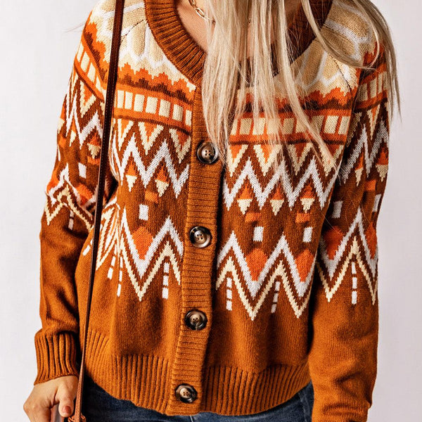 Geometric Button Down Round Neck Cardigan - Crazy Like a Daisy Boutique #
