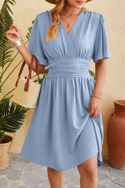Ruched Surplice Short Sleeve Dress - Crazy Like a Daisy Boutique #