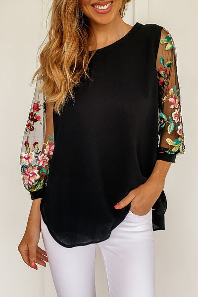 Embroidered Round Neck Three-Quarter Sleeve T-Shirt - Crazy Like a Daisy Boutique #