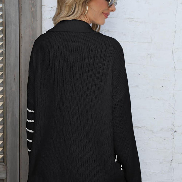 Ribbed Notched Neck Striped Long Sleeve Sweater - Crazy Like a Daisy Boutique #