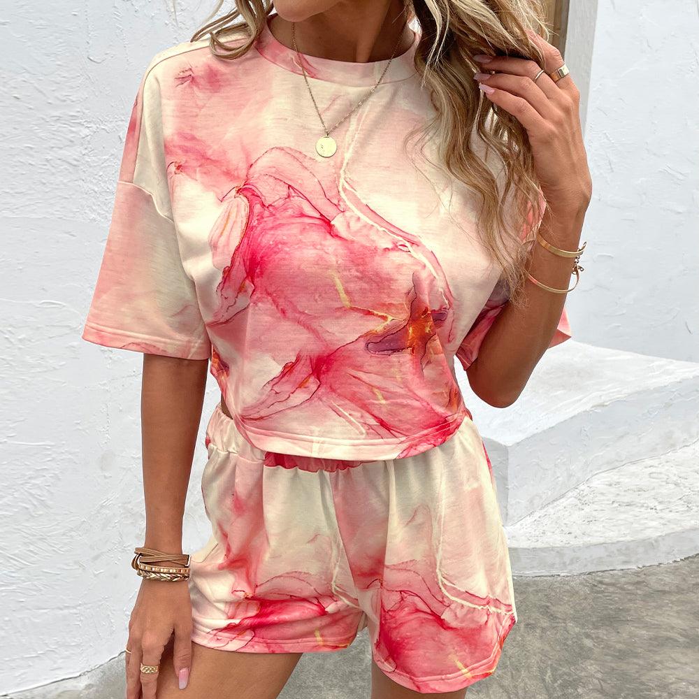 Printed Round Neck Dropped Shoulder Half Sleeve Top and Shorts Set - Crazy Like a Daisy Boutique #