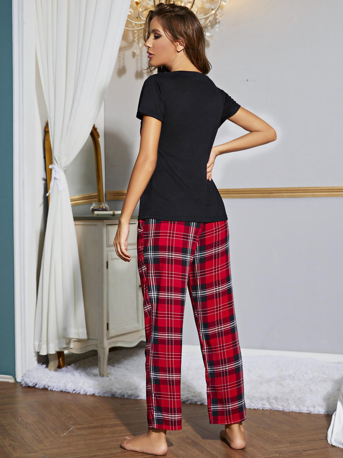 Heart Graphic V-Neck Top and Plaid Pants Lounge Set - Crazy Like a Daisy Boutique #