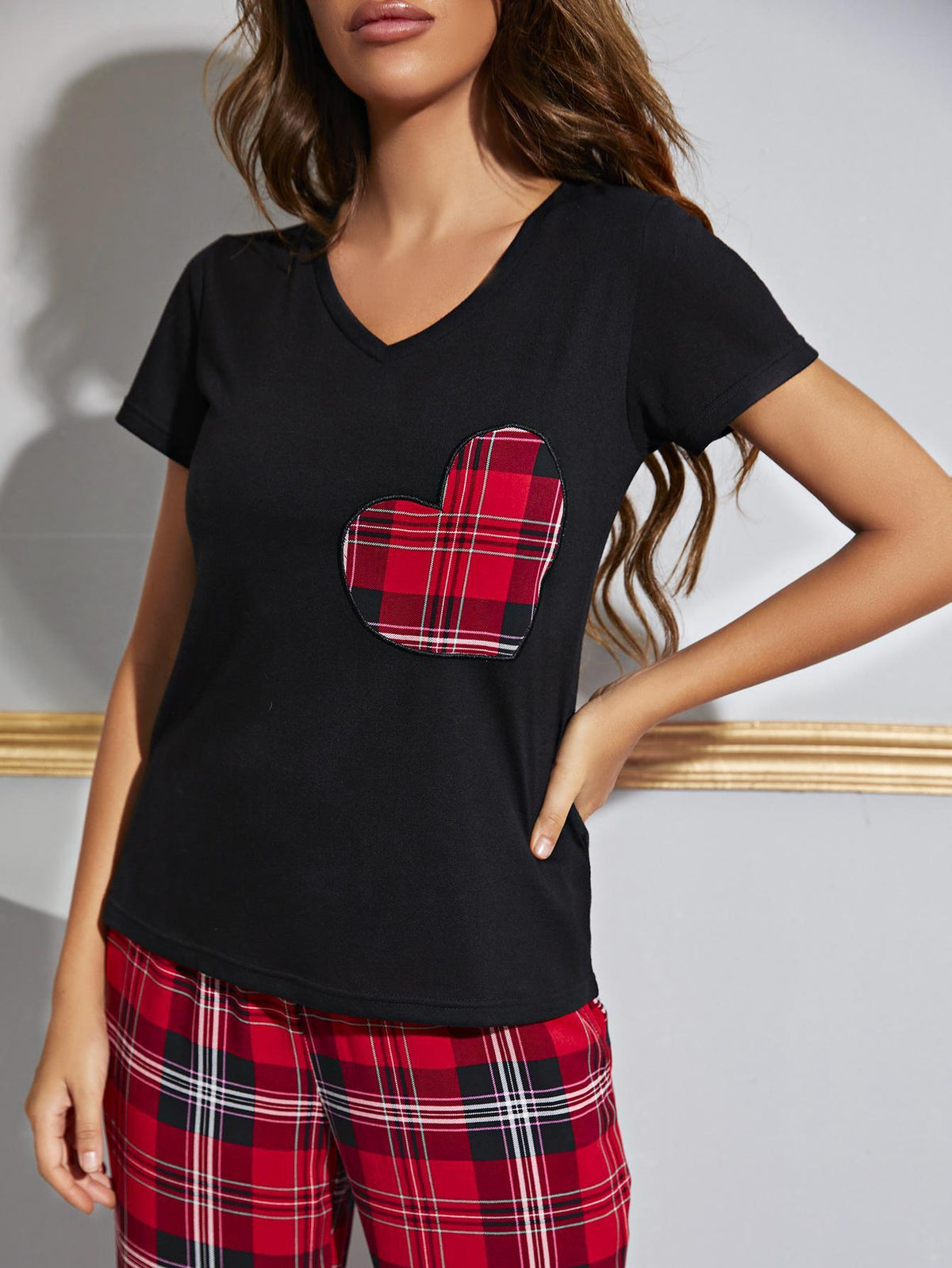 Heart Graphic V-Neck Top and Plaid Pants Lounge Set - Crazy Like a Daisy Boutique #