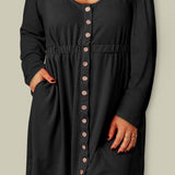 Plus Size Button Front Elastic Waist Long Sleeve Dress - Crazy Like a Daisy Boutique