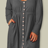 Plus Size Button Front Elastic Waist Long Sleeve Dress - Crazy Like a Daisy Boutique