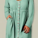 Plus Size Button Front Elastic Waist Long Sleeve Dress - Crazy Like a Daisy Boutique #