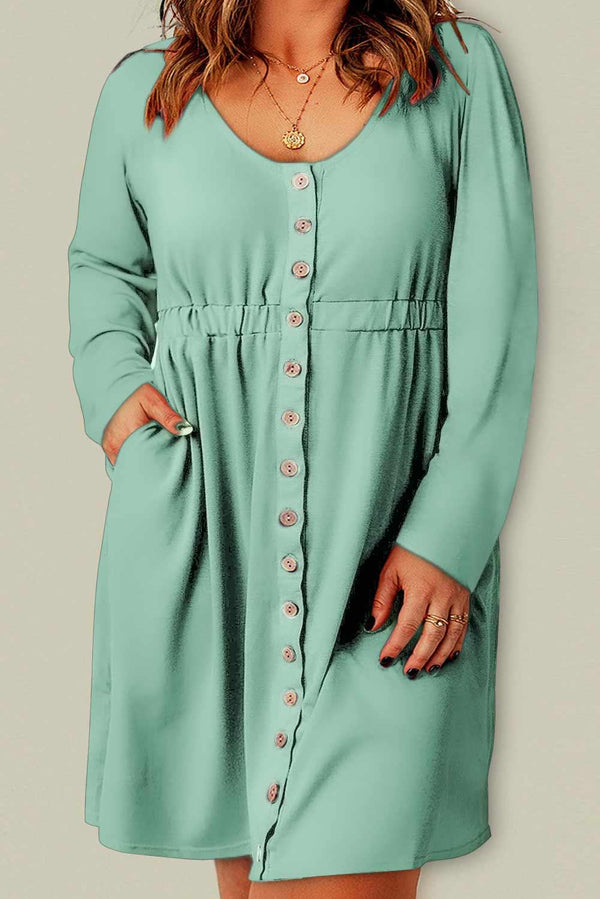 Plus Size Button Front Elastic Waist Long Sleeve Dress - Crazy Like a Daisy Boutique #
