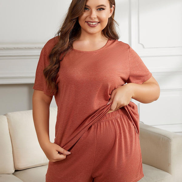 Plus Size Round Neck Short Sleeve Two-Piece Loungewear Set - Crazy Like a Daisy Boutique #