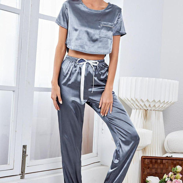 Satin Short Sleeve Crop Top and Joggers Lounge Set - Crazy Like a Daisy Boutique #