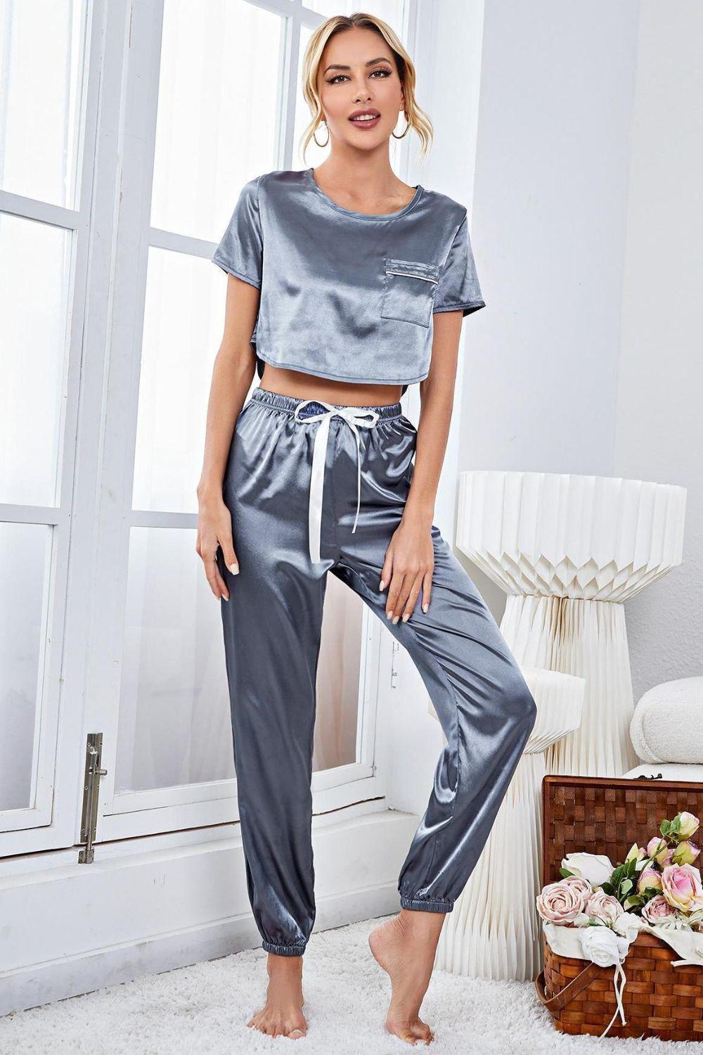 Satin Short Sleeve Crop Top and Joggers Lounge Set - Crazy Like a Daisy Boutique #