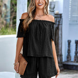 Textured Frill Trim Off-Shoulder Top and Shorts Set - Crazy Like a Daisy Boutique #