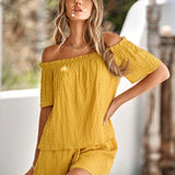 Textured Frill Trim Off-Shoulder Top and Shorts Set - Crazy Like a Daisy Boutique