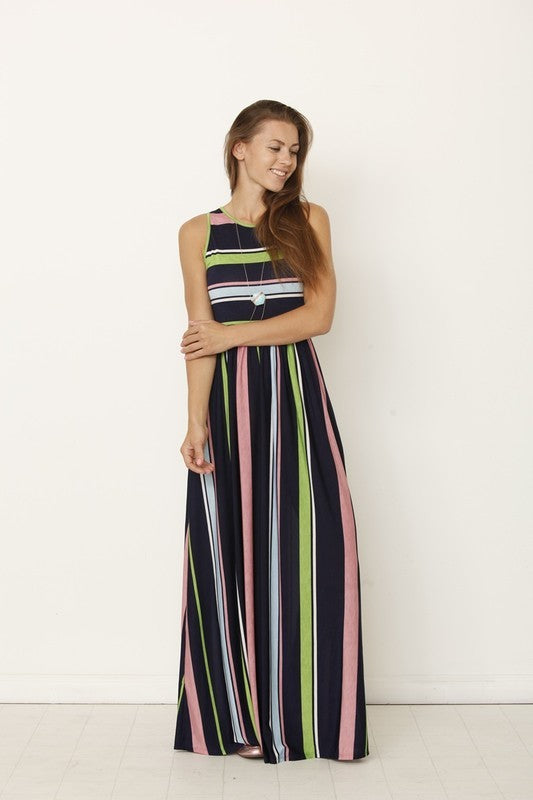 Multi color stripe maxi dress with hidden pocket