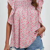 Ruffled Ditsy Floral Mock Neck Cap Sleeve Blouse - Crazy Like a Daisy Boutique #
