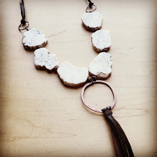 White Turquoise Necklace with Long Leather Tassel - Crazy Like a Daisy Boutique #