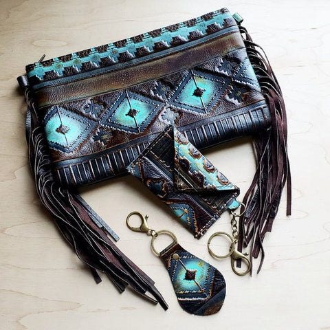 Blue Navajo Leather Embossed Clutch Handbag - Crazy Like a Daisy Boutique