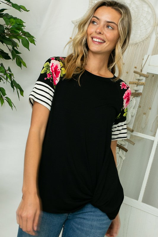 SOLID FLORAL JERSEY MIXED TOP