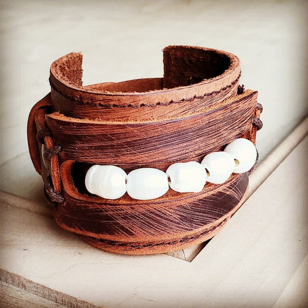 Leather Cuff with Freshwater Pearl Accent Strand - Crazy Like a Daisy Boutique #