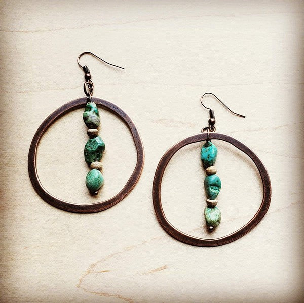 Copper Hoop Earrings w/ Natural Turquoise and Wood - Crazy Like a Daisy Boutique #