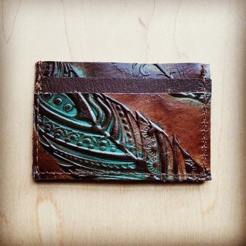 Leather Credit Card Holder-Turquoise Feather - Crazy Like a Daisy Boutique