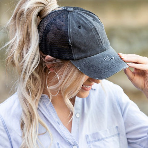 Distressed Messy Bun Hat Cap - Crazy Like a Daisy Boutique