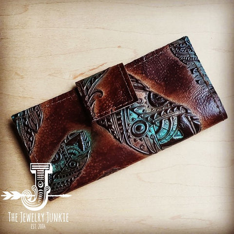 Turquoise Feather Embossed Leather Wallet w/ Snap - Crazy Like a Daisy Boutique